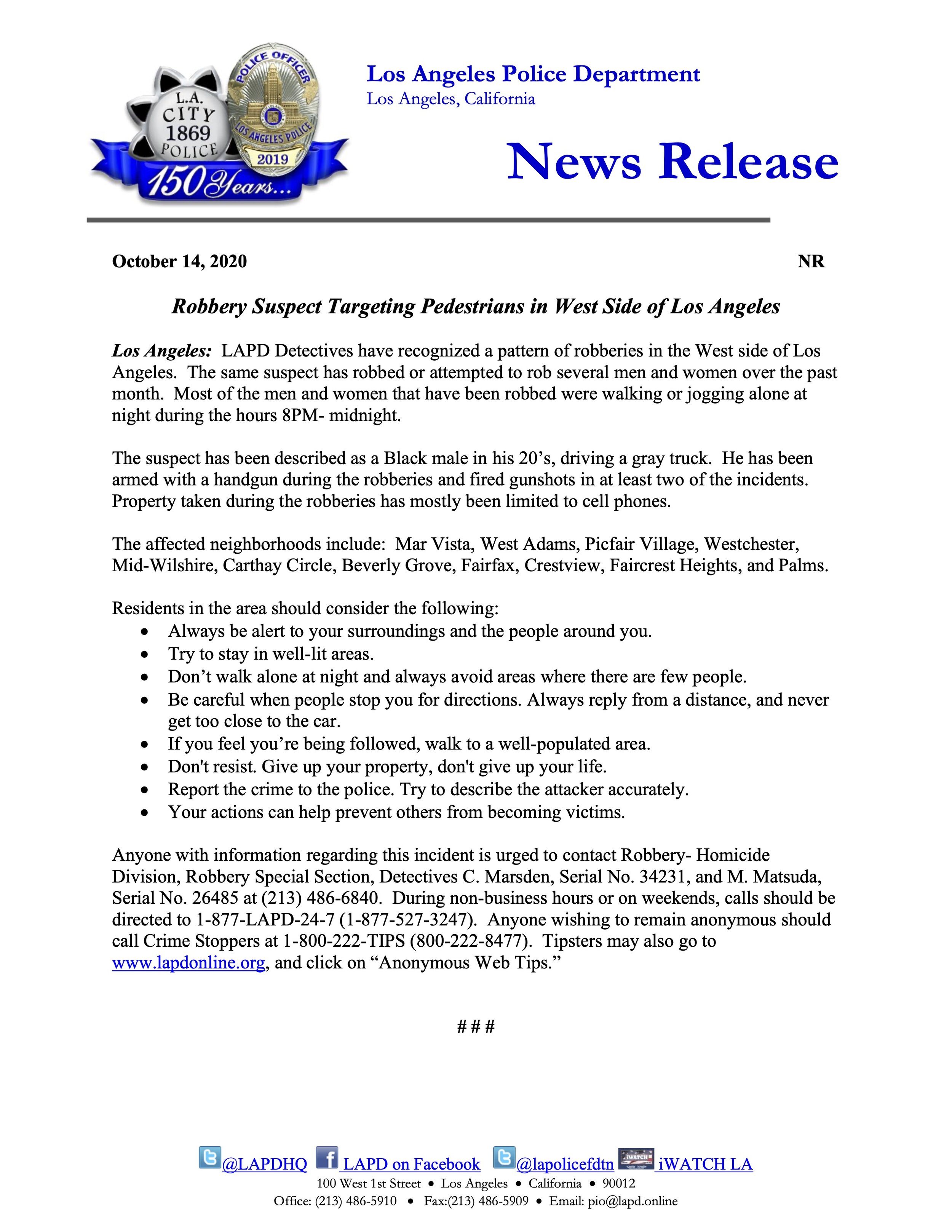 Robbery Suspect Targeting Pedestrians in West Side of Los Angeles