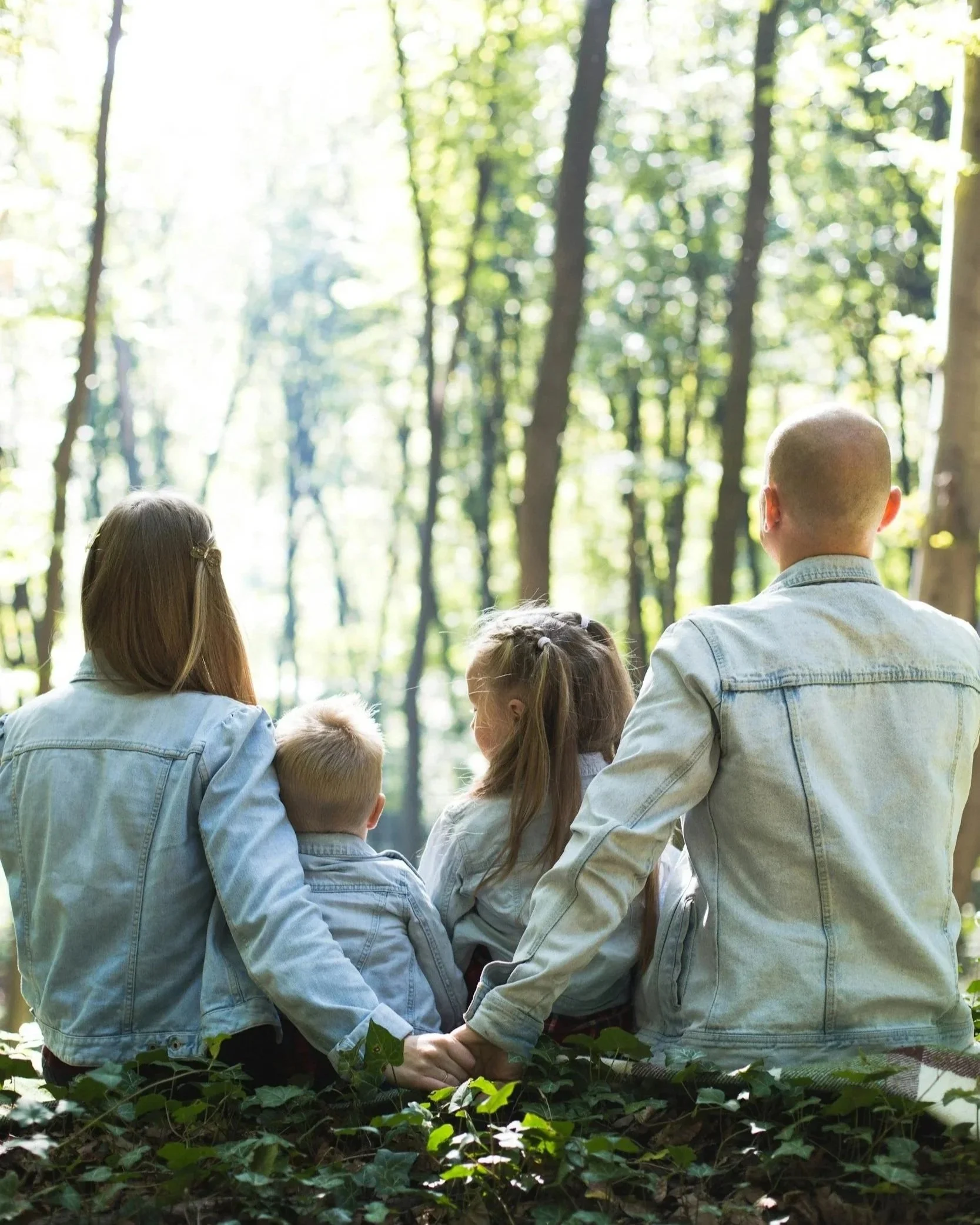 A mother, father, and two young children sit on a log in a leafy forest, facing away from the camera