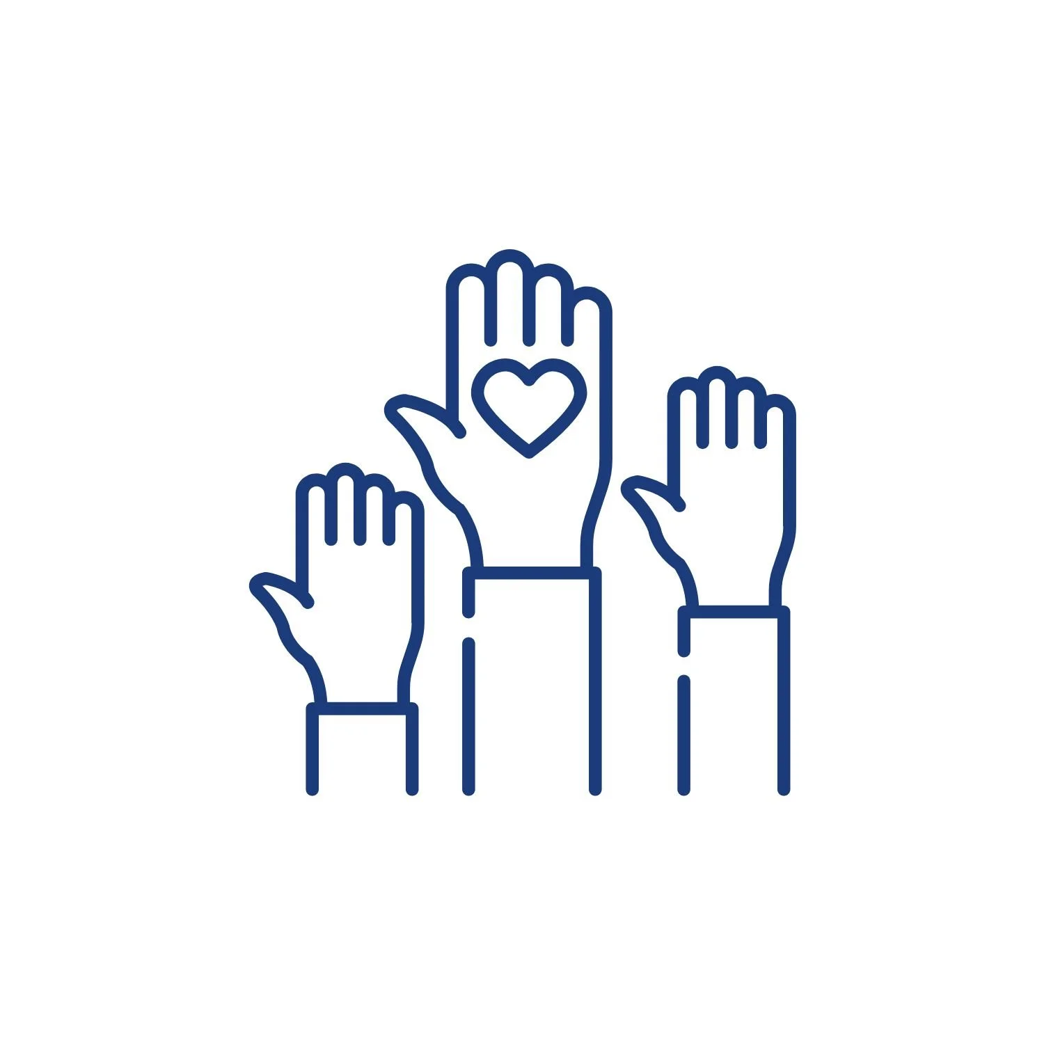 Blue icon with three hands raised. There is a heart on the middle hand.