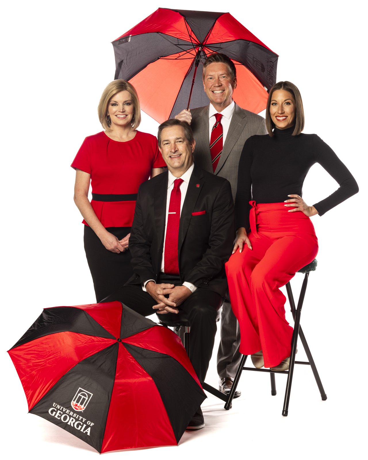 UGA alumni and current Atlanta-area weather reporters Joanne Feldman, David Chandley, Chris Holcomb, and Ella Dorsey pose for a portrait in Athens, Ga., on October 20, 2022.