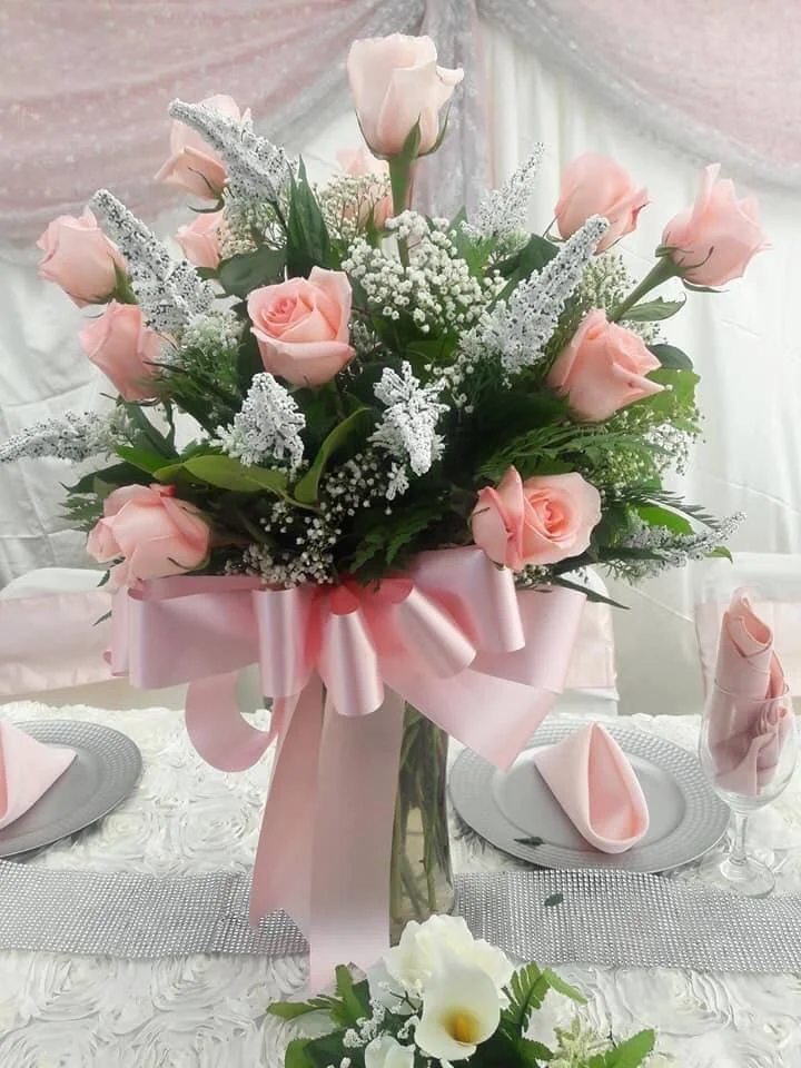 1 Dozen Pink Roses with Baby's Breathe and Assorted Greenery