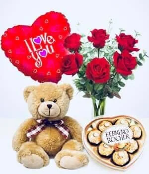 1/2 Dozen Red Roses, Metallic Ballon, Medium Teddy Bear and Chocolates