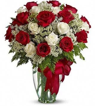 2 Dozen Red and White Roses with Baby's Breathe and Assorted Greenery