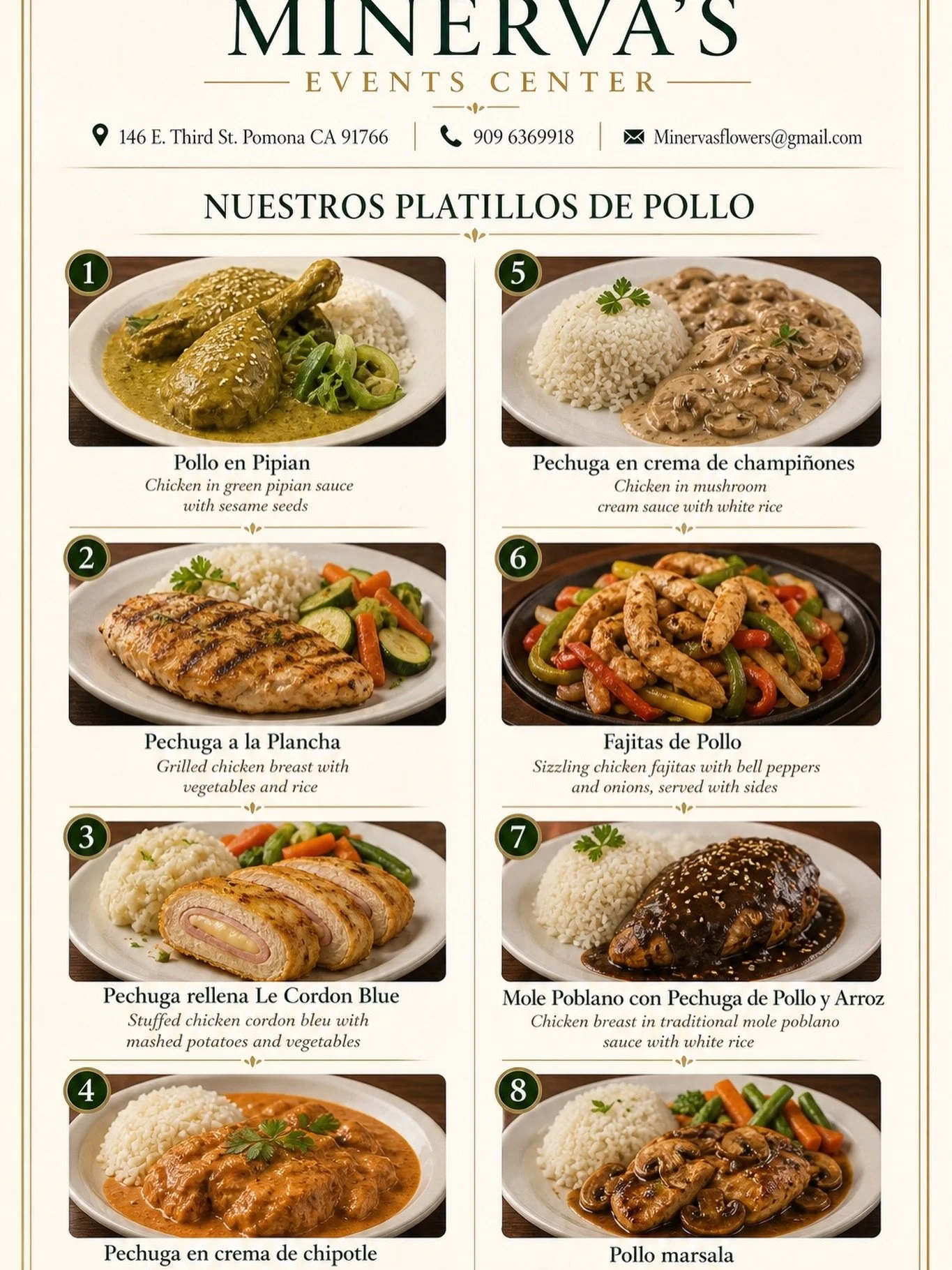 &iexcl;Nuevo men&uacute; en Minerva&rsquo;s Events Center! 

Presentamos nuestros nuevos platillos de pollo, servidos estilo gourmet, perfectos para bodas, quincea&ntilde;eras, cumplea&ntilde;os y todo tipo de eventos.

Sabor, presentaci&oacute;n y c