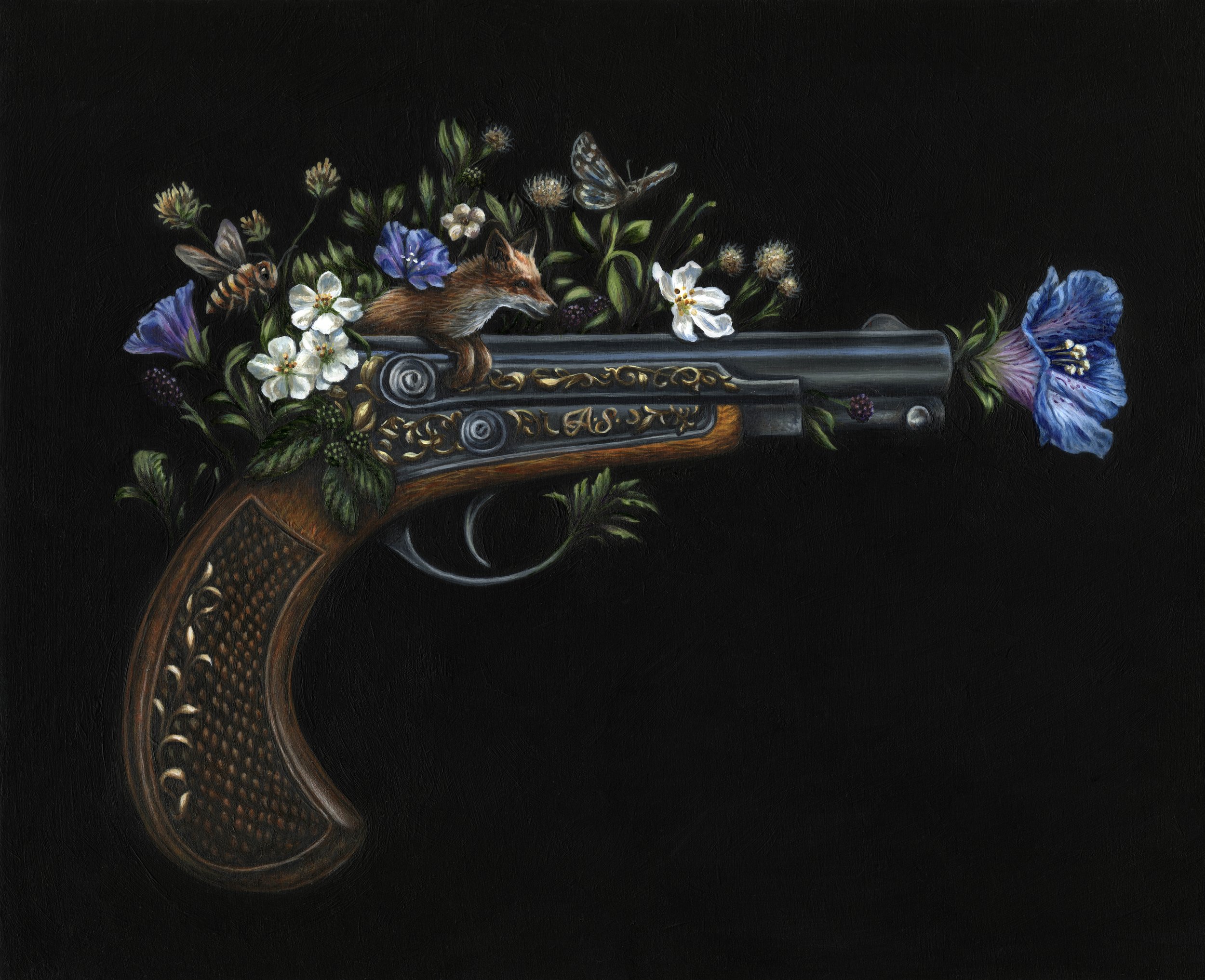 Weapons of Mass Destruction 1  2026 - 
Weapons of Mass Destruction is a diptych exploring the unintended consequences of human intervention in the environment. Weeds and introduced species emerge from the guns, transforming weapons of violence into v