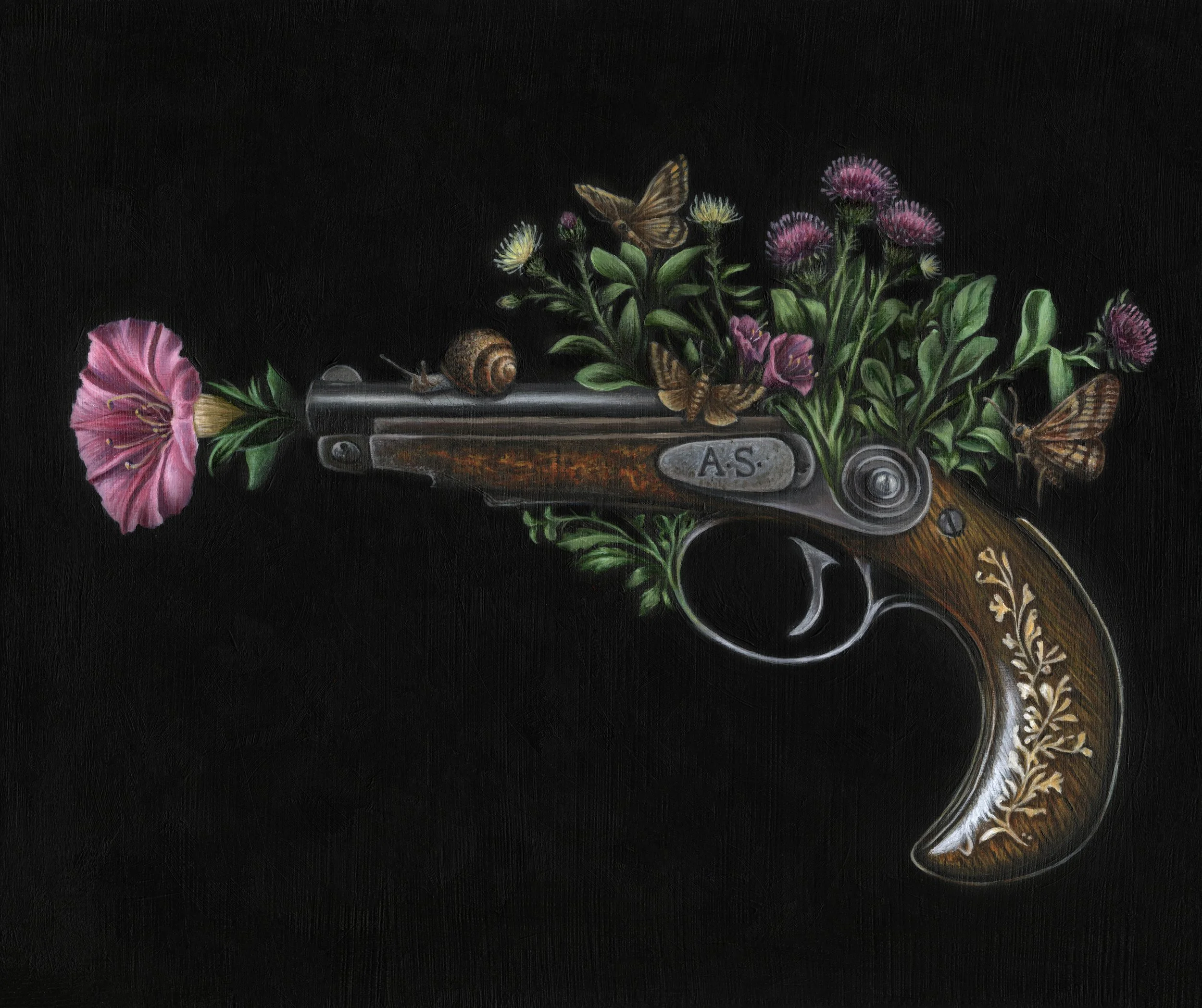 Weapons of Mass Destruction 2 2026 - Weapons of Mass Destruction is a diptych exploring the unintended consequences of human intervention in the environment. Weeds and introduced species emerge from the guns, transforming weapons of violence into ves