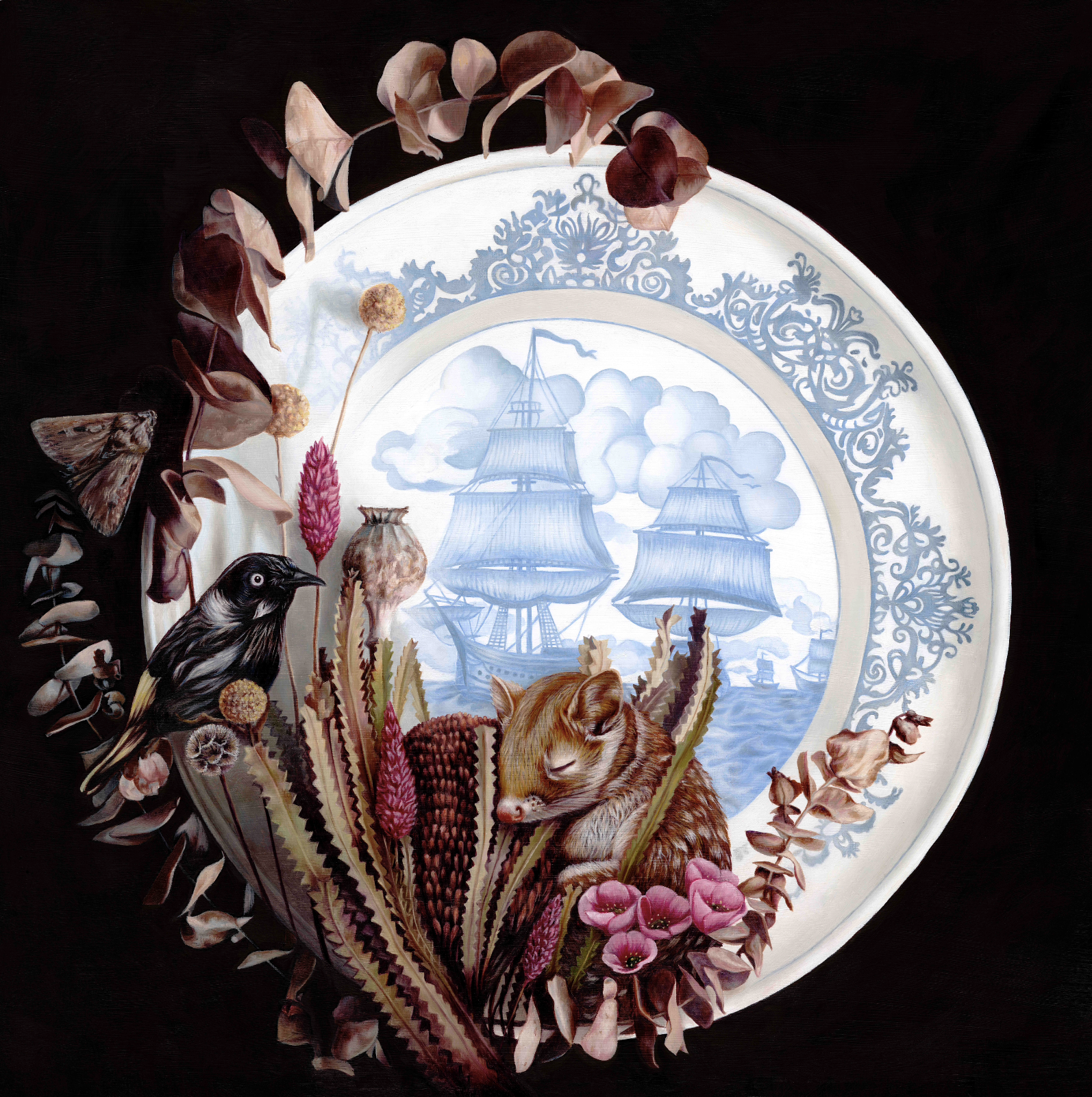 The Vanishing 2024 - The Vanishing is a narrative of loss and resilience. Woven into the intricate details of a willow china plate is a scene depicting the arrival of the First Fleet, a pivotal moment marking the onset of irreversible ecological tran