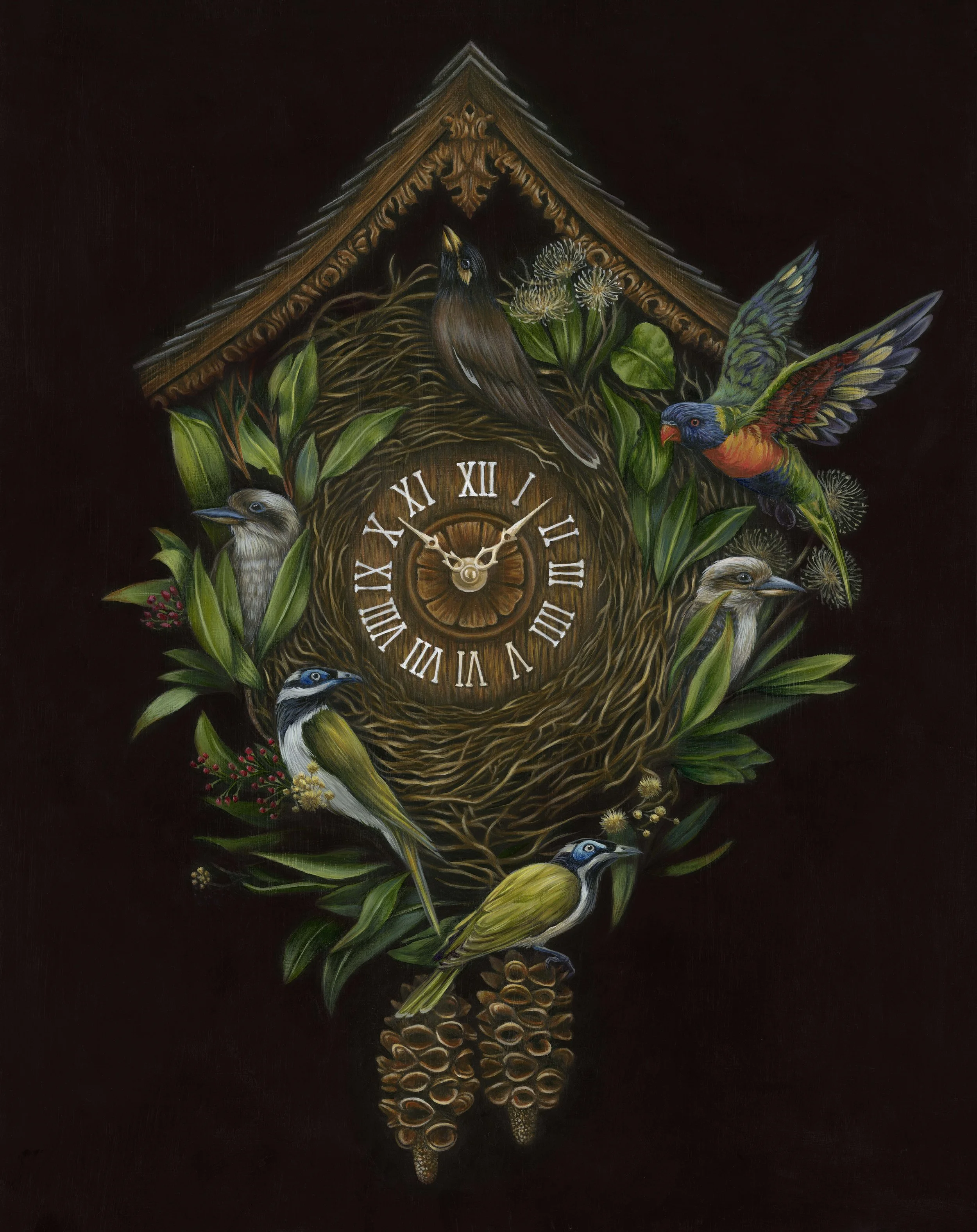 The Hollow 2026 - 
The Indian myna sits at the top of a cuckoo clock, occupying and controlling the hollow of a tree. The cuckoo clock which seeks to imitate nature, in this case blurs the boundary between nature and manufactured environments. It bec