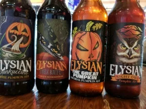This years Elysian Pumpkin beers in bottles include the classic Night Owl, Great Pumpkin, Punkuccino and Dark Knife Pumpkin Shwarzebier!