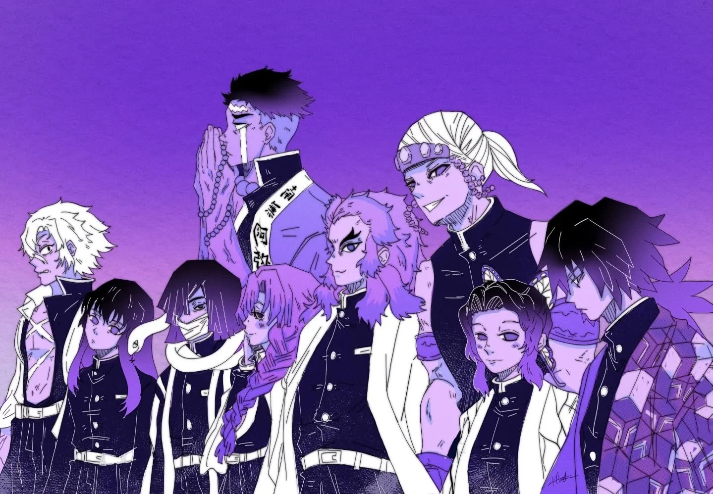 Finished my Hashira drawing. In order of my favorite Hashira from right to left ✨️. I couldn't decide between wisteria purple or manga black and white &iquest;Por qu&eacute; no los dos? 😆.
.
.
.
.
#demonslayer #anime #procreate #drawing #digitalart 