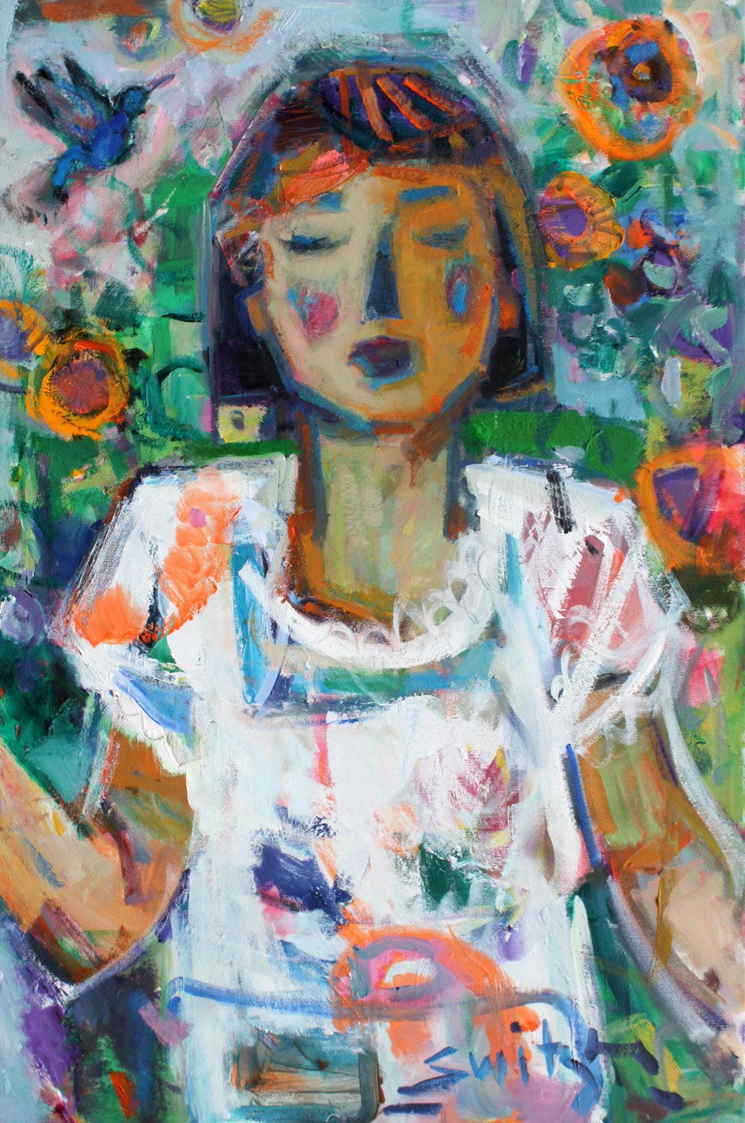  “Muse and Sunflowers”,                                                           36x24 inches,                                                                                  oil on canvas                                                            