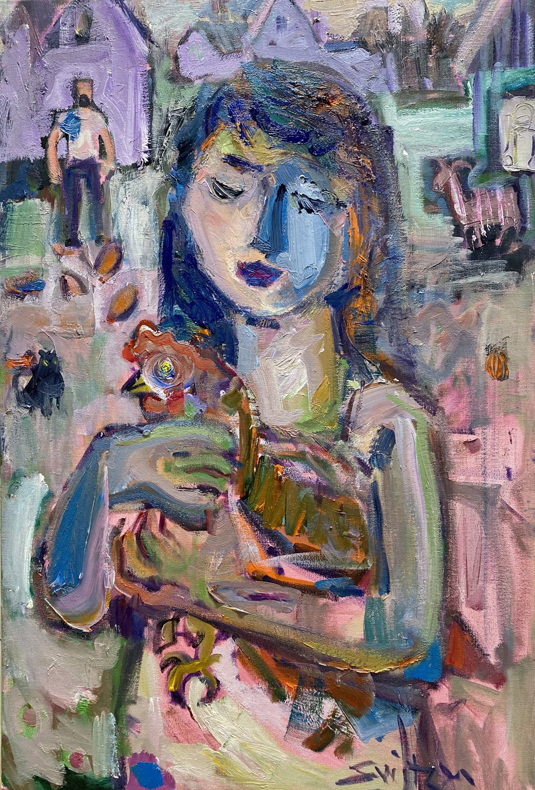  “Pink Girl, Blue Goat,”                                                             36x24 inches,                                                                                  oil on canvas                                                         