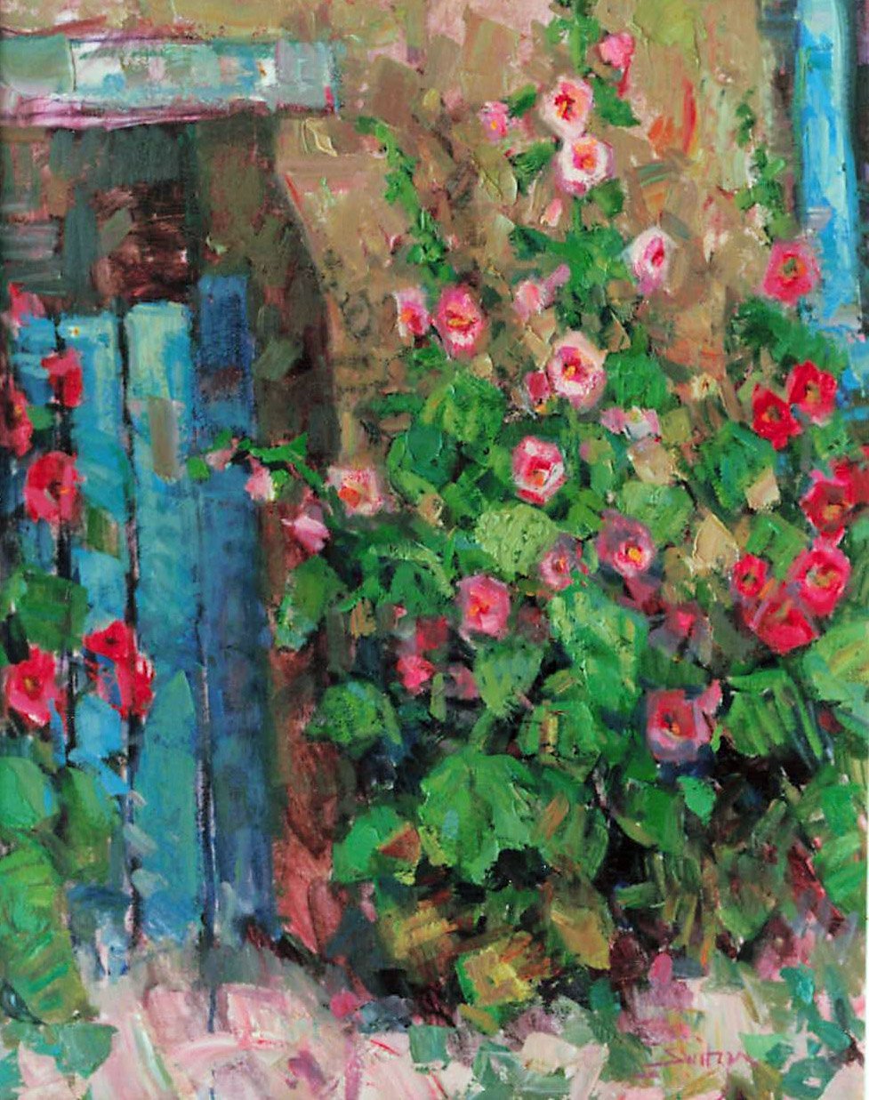 “Hollyhocks”, 30×24 inches, oil on canvas