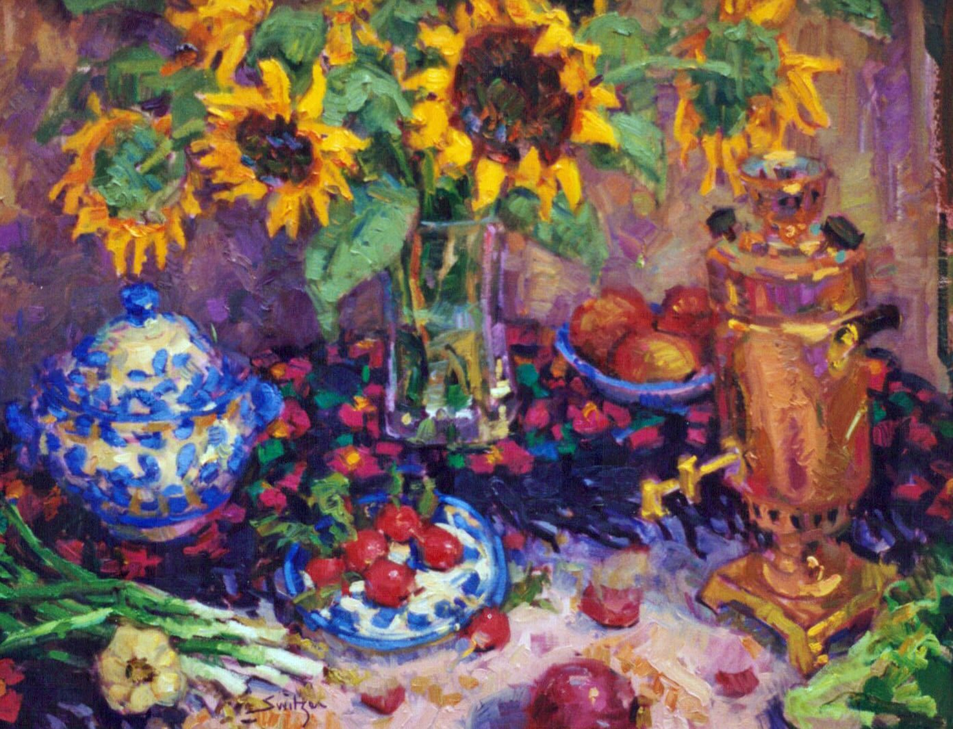 “Sunflowers and Samovar”, 36×48 inches, oil on