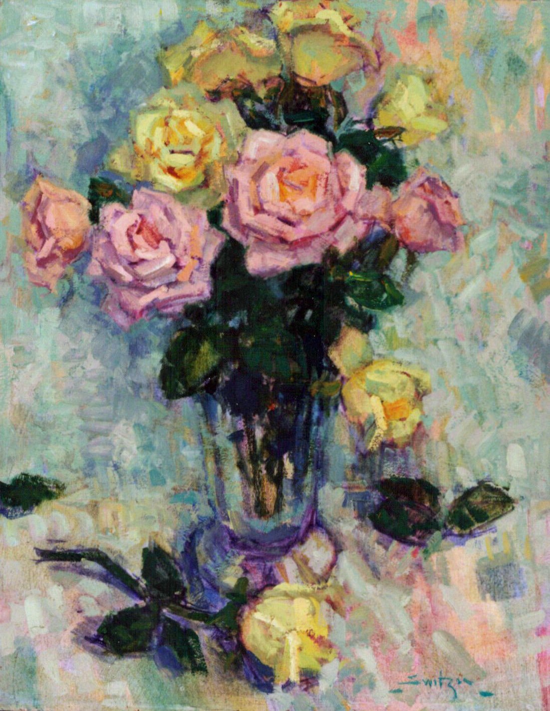 “Pink and Yellow Roses”, 30×24 inches, oil on canvas