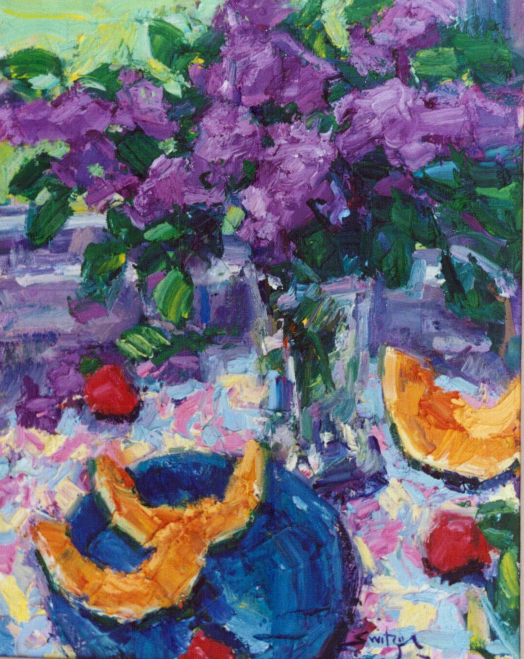 “Lilacs and Melon”, 30×24 inches, oil