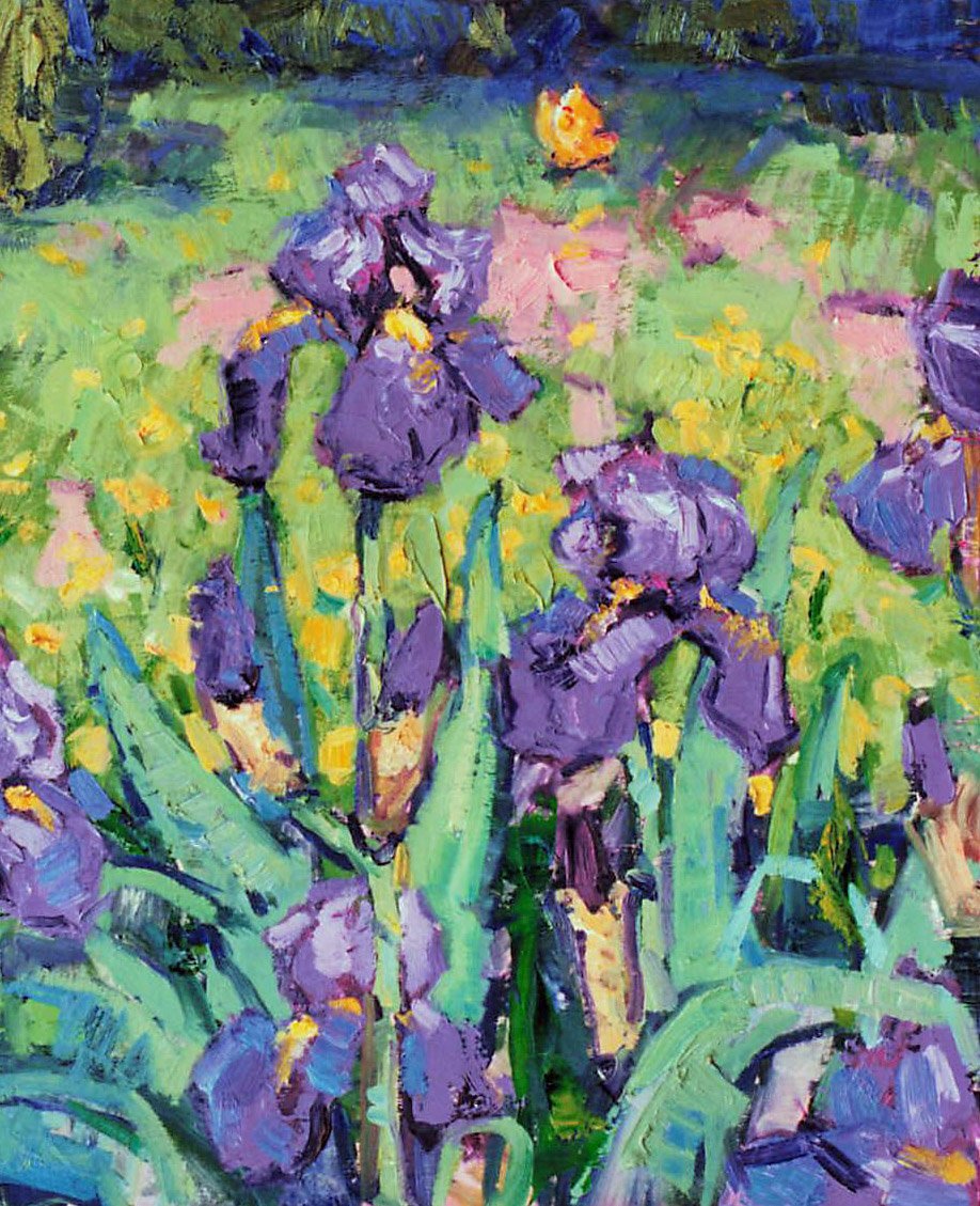 “Irises with Butterfly”, 30×24 inches, oil on canvas