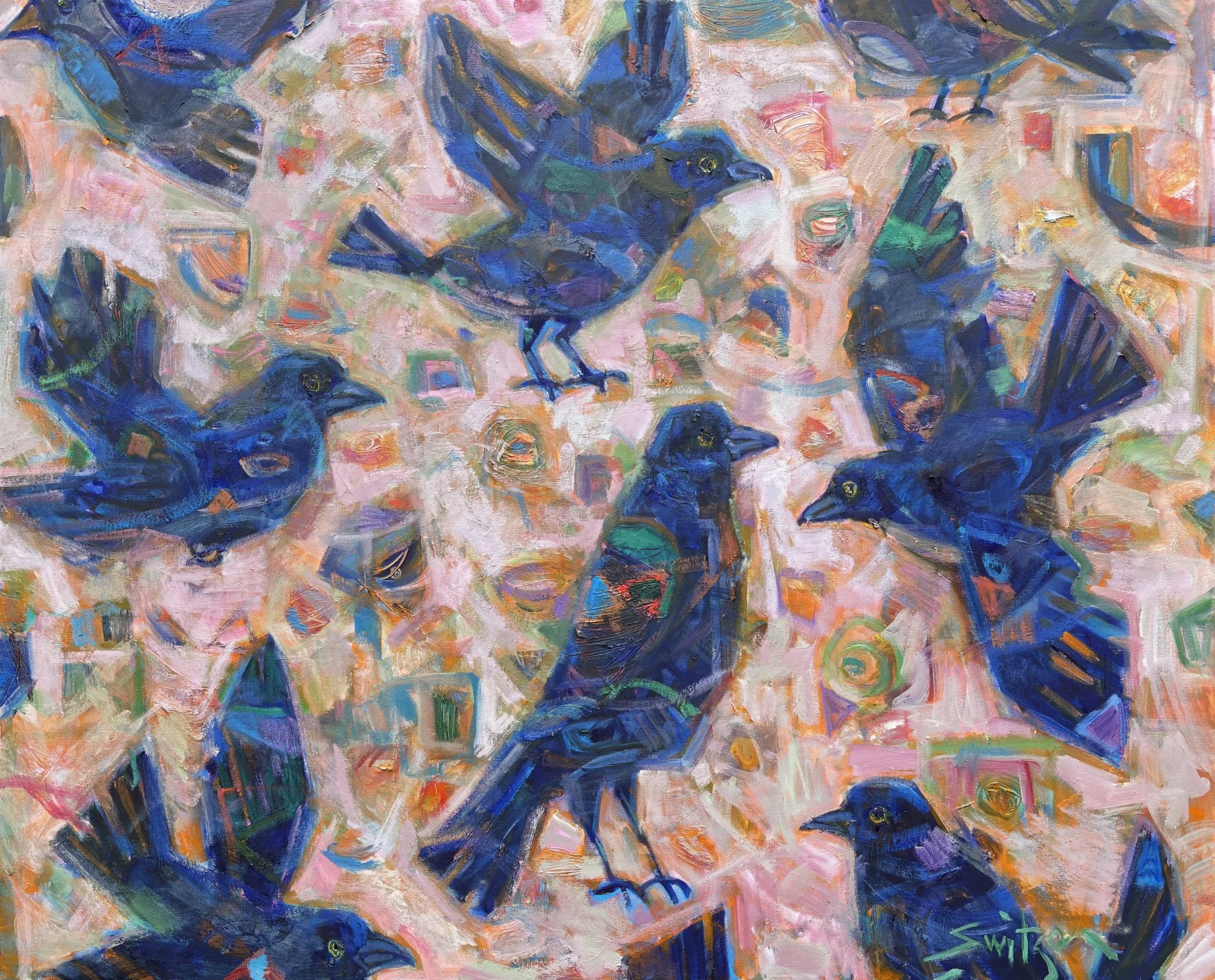  “Black Birds, Orange”,                                                                              48×60 inches,                                                                                                 oil on canvas 
