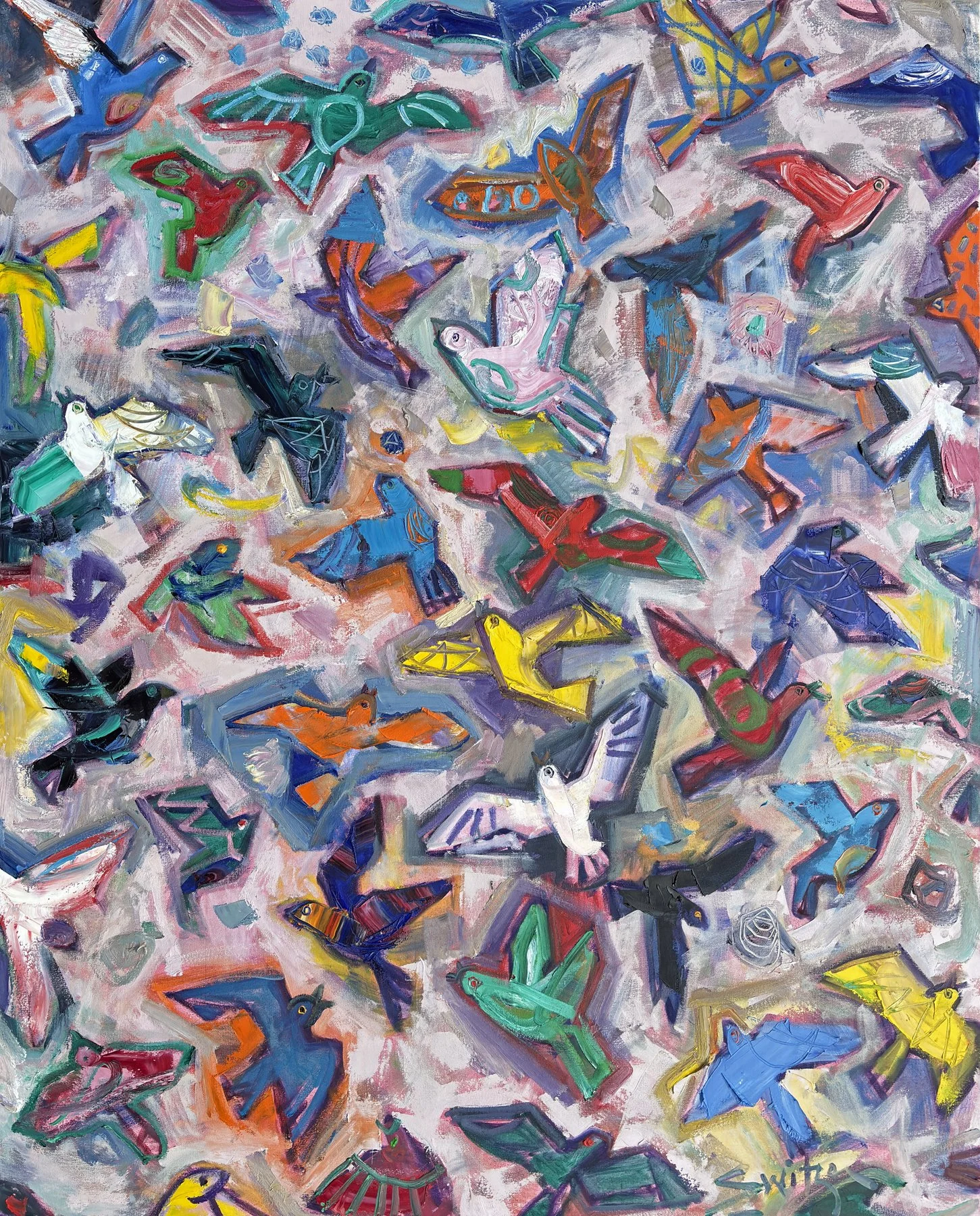  “Gyrating Avians”,                                                                                          60×48 inches,                                                                                                         oil on canvas 
