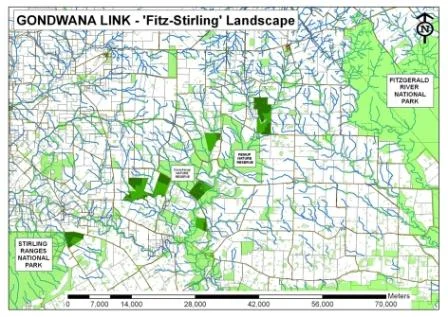 Figure 1: A map of the Fitz-Stirling landscape, an actively engaged operational area of Gondwana Link, where properties located between the Stirling Ranges and Fitzgerald River National Parks have been purchased and restored to increase the connectivity of this fragmented landscape. Clearly visable in the image are the Corackerup and Peniup Nature Reserves, along with 8 properties purchased specifically to contribute to the Gondwana Link vision. The 400 ha of cleared land featured in this case study - part of Bush Heritage Australia's larger Monjebup Reserve - is the dark green area circled in red.
