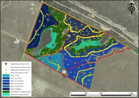 Figure 4: (click image to enlarge) The 2012 post-restoration operational map showing the 7 meter tractor passes direct-seeding 8 different seed mixes across the entire 100 ha area, and the additional detailed, location-specific restoration treatments. 