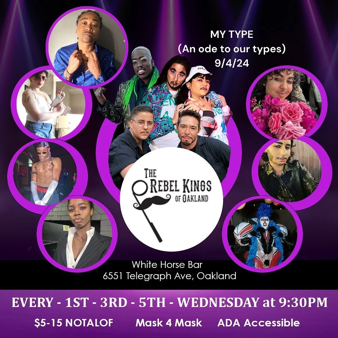 THIS WEDNESDAYYYYYYY

do queers have a type? come out to @whitehorsebar for our first wednesday show to find out. we've got a glorious cast for you, as always, and some new faces! 
featuring...
@jcrossxpress 
@rebelkingsoakland 
@youcandoithabibi 
@s