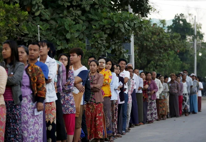 Voters queue up in Mandalay. Reuters/Olivia Harris