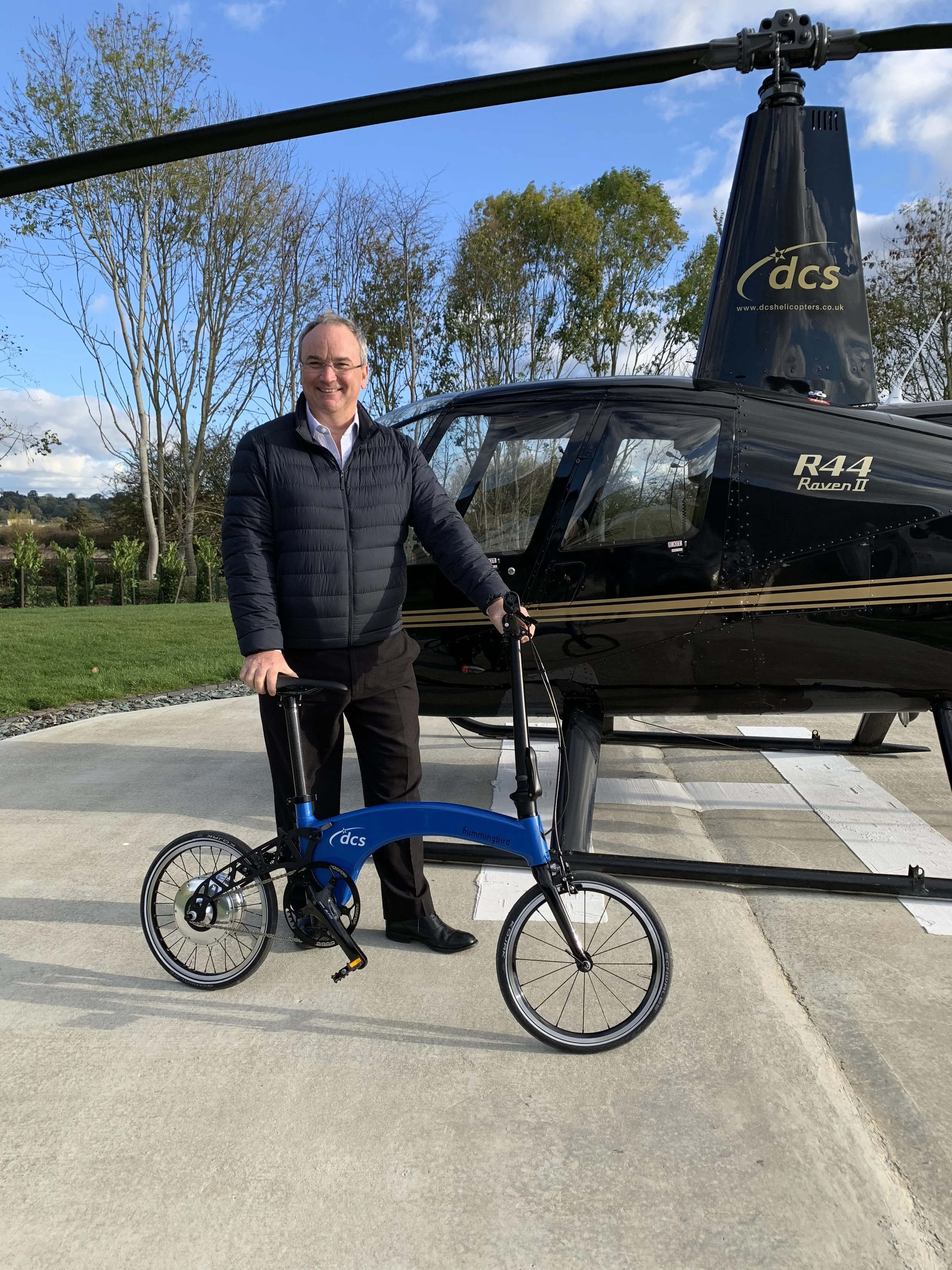 British Entrepreneur, Denys Shorrt, with his custom DCS Electric Hummingbird and Raven II helicopter.