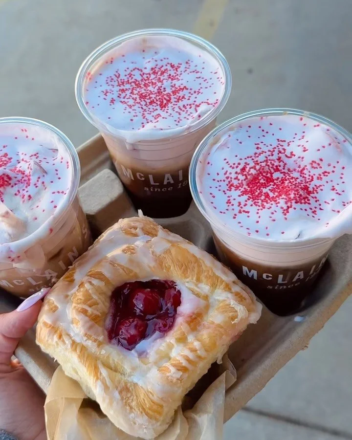 💌🍓 Lover Latte in all McLain&rsquo;s locations through March! 💋 

Strawberry cold foam on a chocolate strawberry latte with red sugar sprinkles on top! ✨