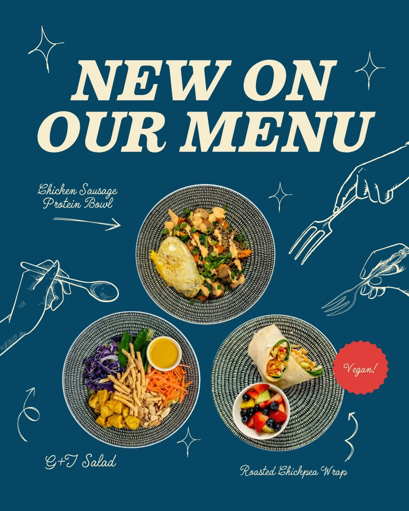 💪 Chicken Sausage Protein Bowl - Quinoa, red onion, roasted mushrooms, sweet potato, spinach, zucchini, and maple chicken sausage topped with a fried egg, a chipotle crema drizzle and green onions!

🥗 G + T Salad - Ginger turmeric chicken, snow pea