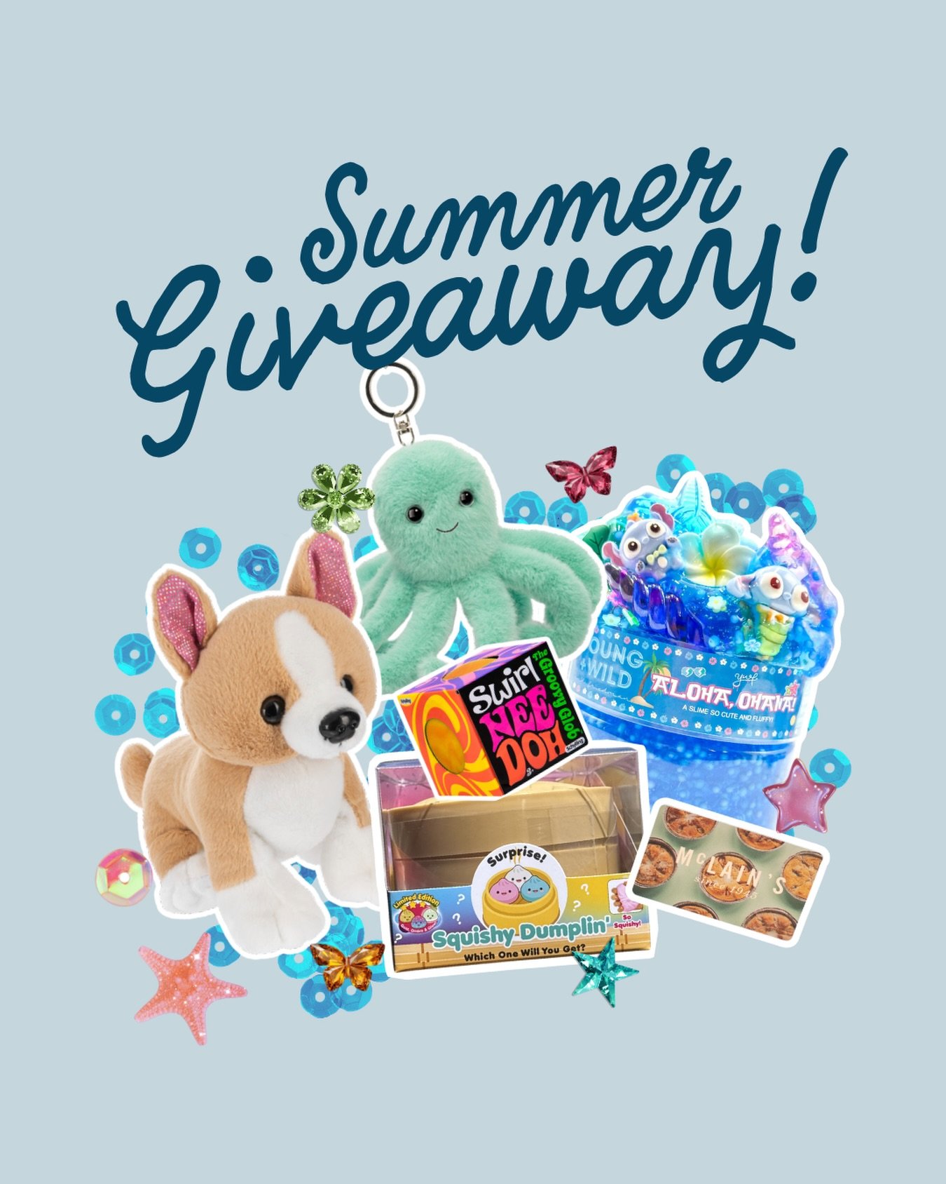 ☀️🐬 We&rsquo;re kicking off summer break with a super fun giveaway!!! Enter for a chance to win a Chihuahua @webkinz , a swirl needoh groovy glob, a @youngwildandfriedman slime, an octopus bag charm, a squishy dumpling, and a $20 McLain&rsquo;s gift