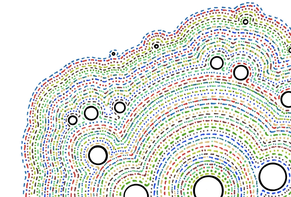 A pattern of multicoloured dots & dashes, wrapped in concentric layers around hollow black circles, on a white background. These dots and dashes do not encode anything other than an arbitrary set of rules used to draw them.