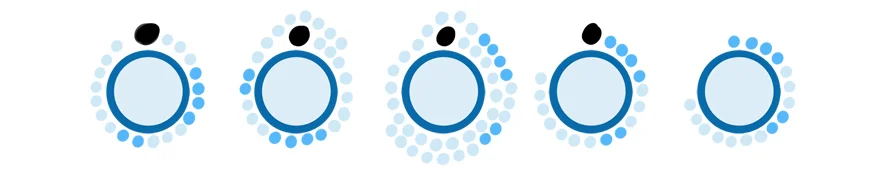 five light blue circles with a dark blue border, with light & mid blue dots and dashes representing Morse code around them. There is a black dot above the first four circles.