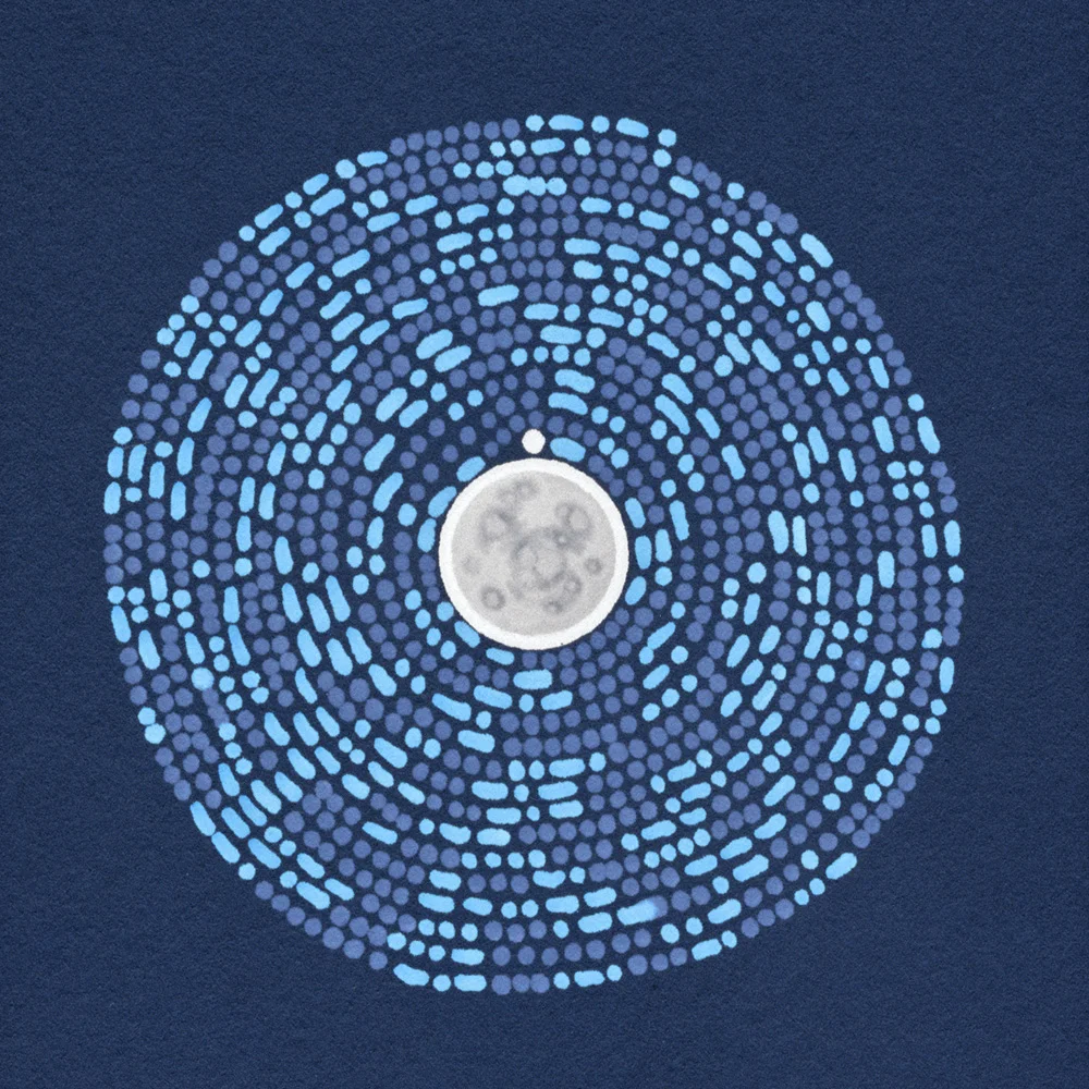 A pattern of light & mid blue dots & dashes on a navy background, spiralling outward from a central white & grey circle that looks like a moon. It encodes a poem which you can find here .