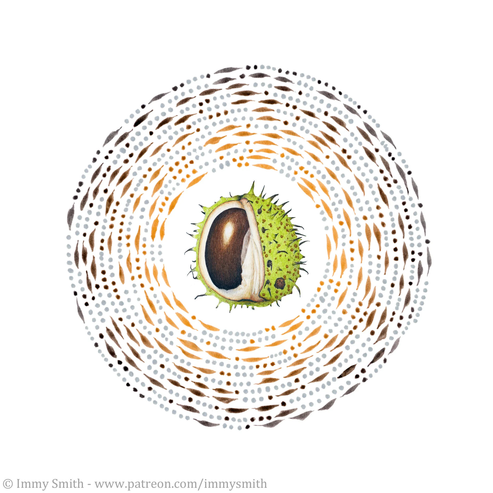 a brown and green colour pencil drawing of a conker (a horse chestnut seed) in its shell, surrounded by a clockwise spiral of made of grey dots and orange dots and dashes which gradually change through brown to dark grey.