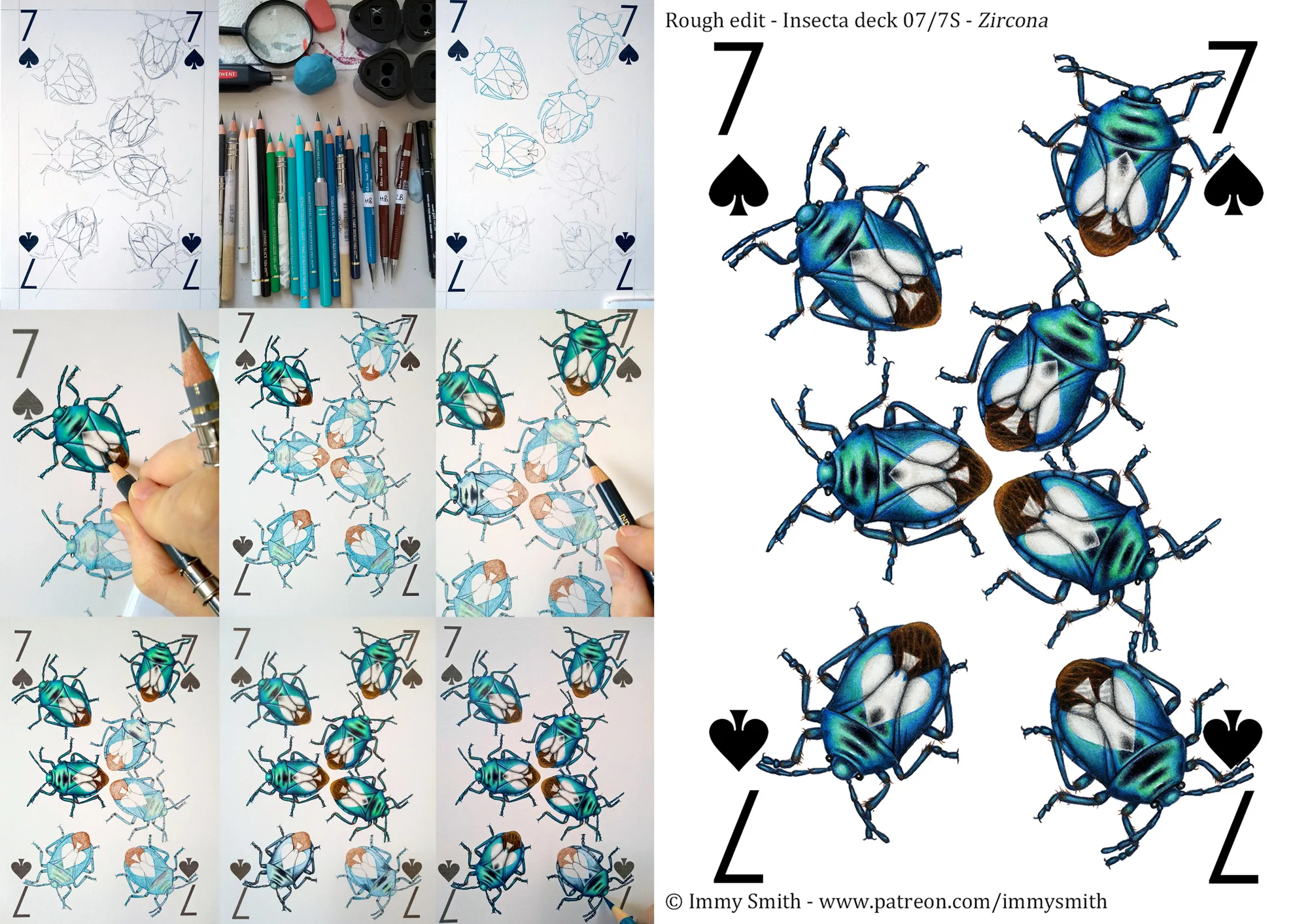 A collage of 9 work in progress photos, and the completed design, of a 7 of Spades playing card, featuring seven shiny metallic blue shield bugs, each with a white spade symbol on its back.