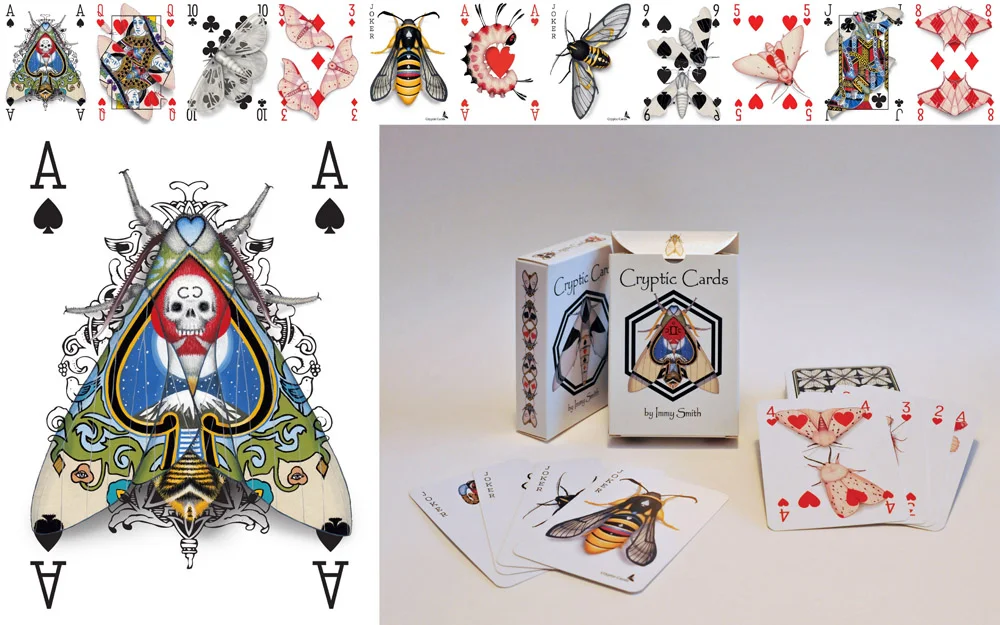 Image description; a marketing image for a transformations deck of poker cards, themed around moths and camouflage,