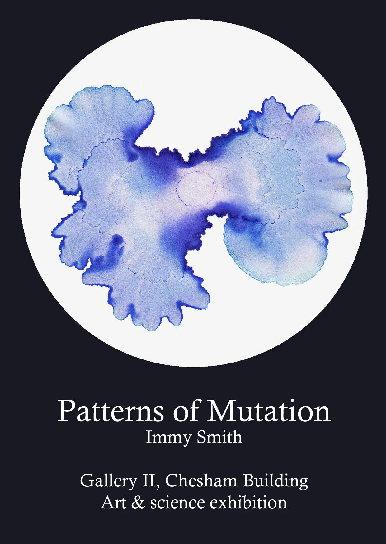 Image description; A flyer for one of the art exhibitions described on this page, featuring a circular blue ink pattern