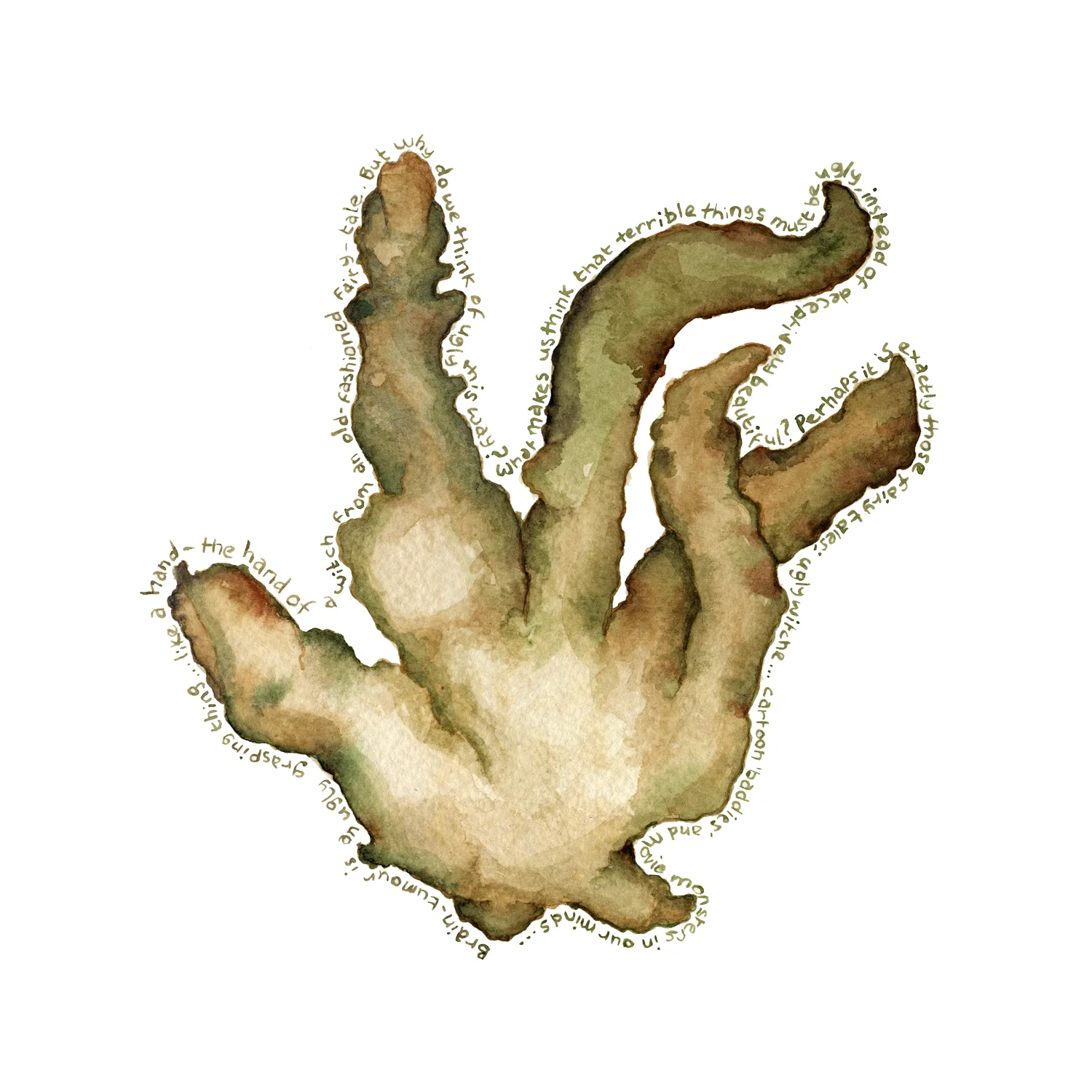 Image description; an abstract watercolour painting in greens and browns, showing a lumpy looking object, with tiny scrawls of text around it, describing a feeling of ugliness
