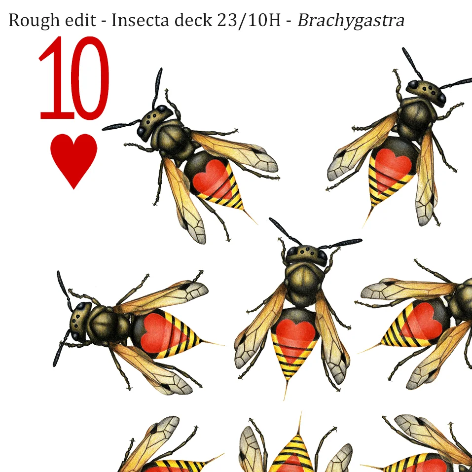 Image description; the corner of a ten of hearts playing card design made in colour pencil. It features 10 yellow and black wasps, each with a red heart symbol on it’s abdomen.