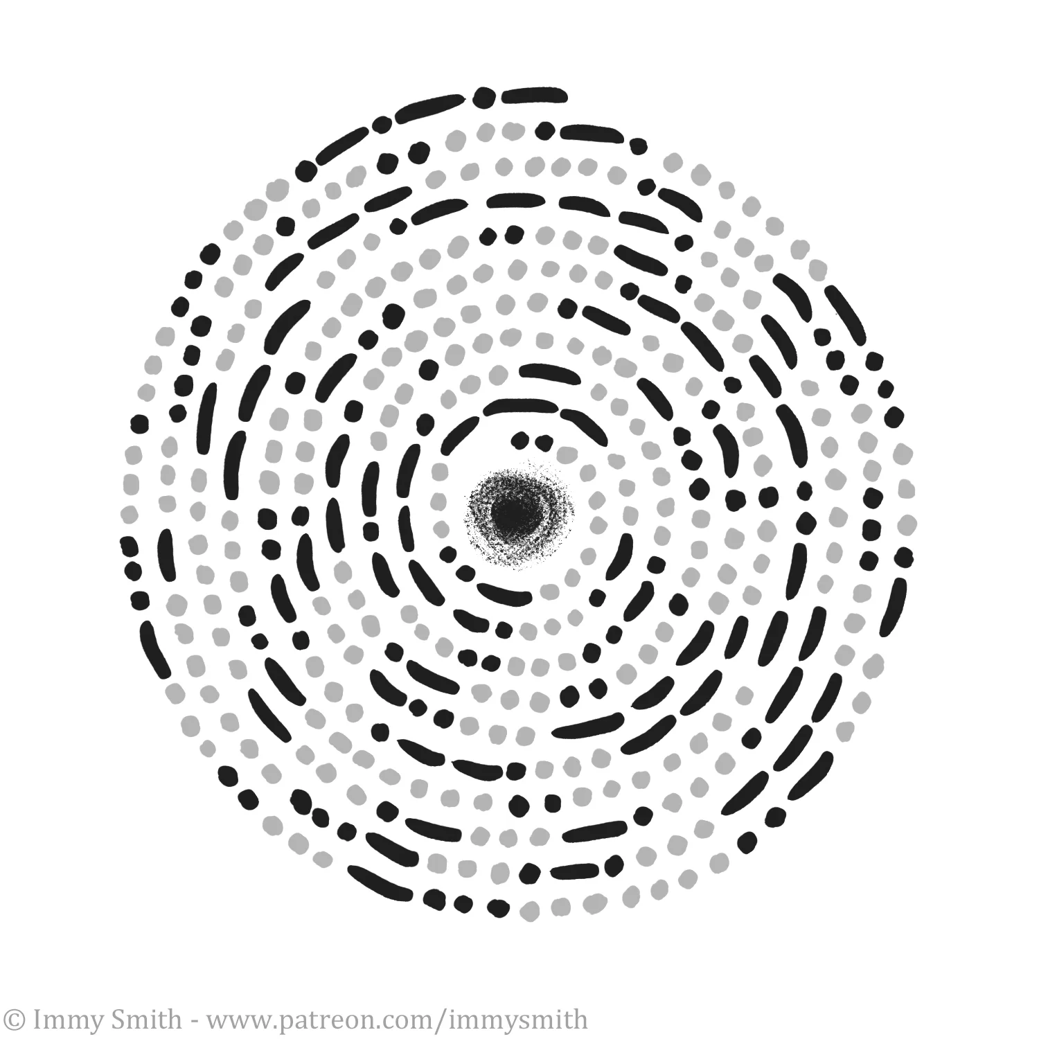 A single spiral - Little thing 11; I don’t like being around people in pain, I don’t want to absorb their bad vibes. Image description; a pattern made of black & grey dots and dashes (representing morse code) around a black charcoal-like smudge. The morse coded words are “I don’t like being around people in pain, I don’t want to absorb their bad vibes.”