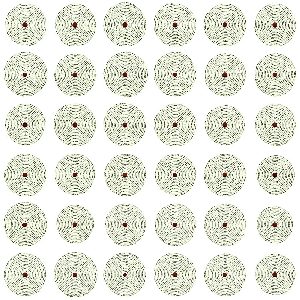 ‘Diversity in Disability; a thread by @CoffeeSpoonie’ - a 1.5m grid of 36 Morse code spirals, where each spiral encodes one sentence from a social media thread about how diverse the disability community is