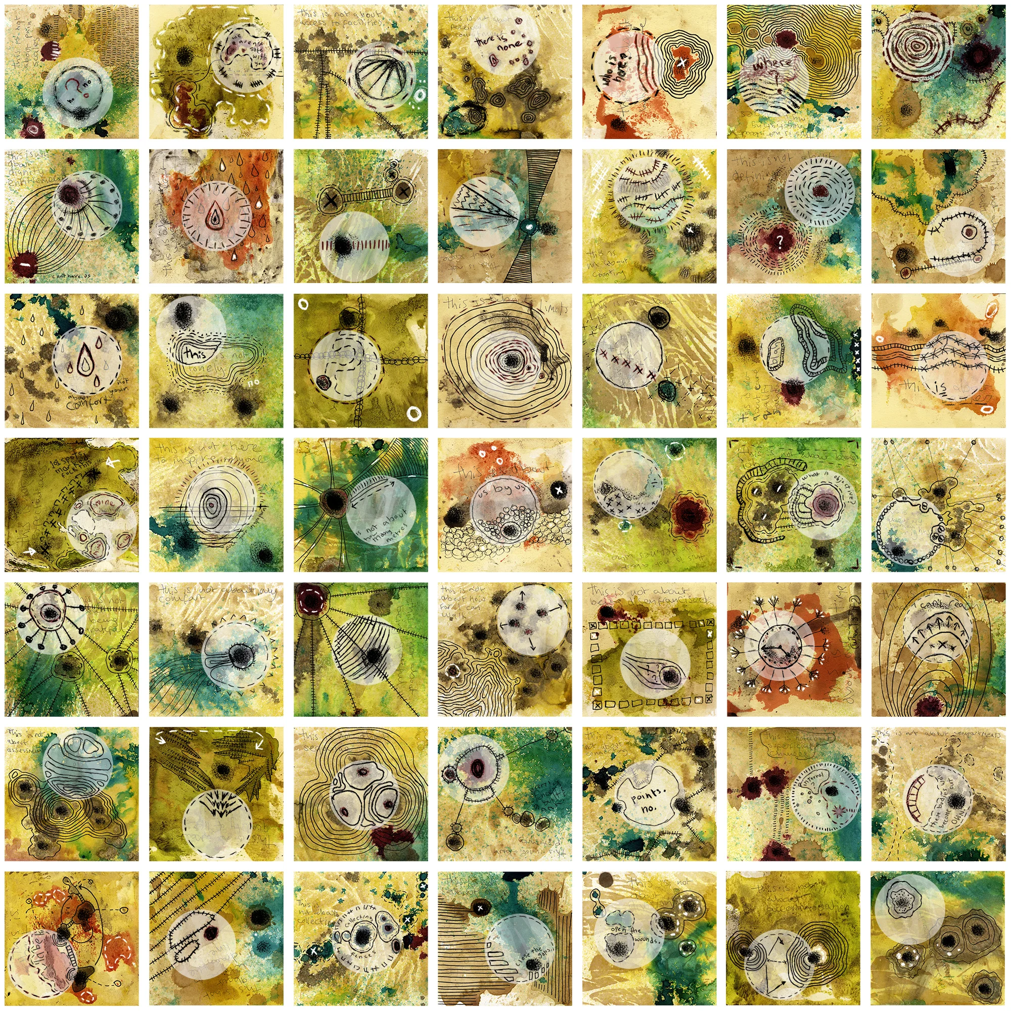 ‘49 maps of disability body politics drawn while moving’ - a 1 m sq array of collage with drawing & writing in mixed media, on 49 card tiles hand-dyed by Scott Mantooth (USA)