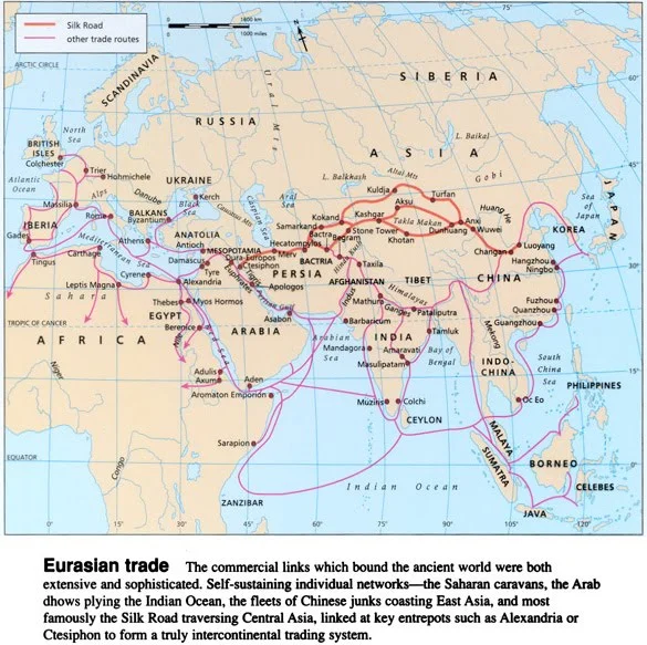 The map showing the trade routes between Europe, Asia and Africa. Image courtesy: http://www.ancienttrenches.com/ ancient-trade-routes.