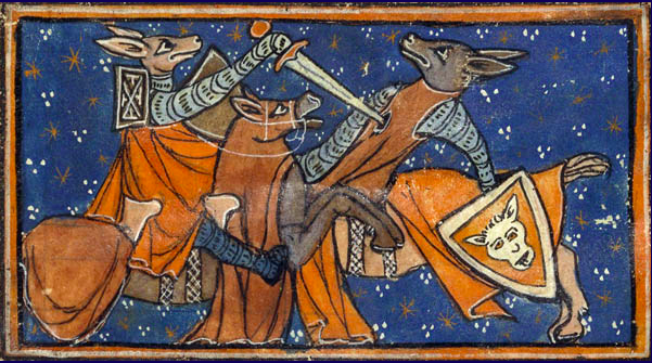 Reynard the Fox battles Isengrin the Wolf. Jacquemart Gielée: ‘’Renart le nouvel’’ Handschrift, um 1290/1300 BNF, Paris, Ms fr. 1581f. 6v.
