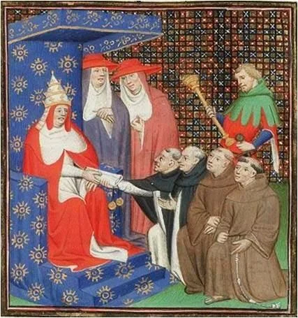 Pope Innocent IV sends Dominicans and Franciscans out to the Tartars, and Mongols. From: Vincent of Beauvais, Le Miroir Historial (Vol. IV), Paris, Master of the Cité des Dames (illuminator); c. 1400-1410. ©KoninklijkeBibliotheek