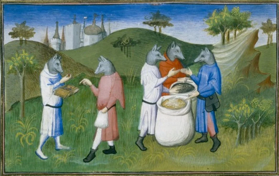 Ms Fr 2810 f.76v, Wolf-headed people of the Andaman Islands in the Indian Ocean, from ‘Le Livre des Merveilles’, c.1410-12 (tempera on vellum). By The Boucicaut Master and workshop (1390-1430), Paris, France. ©BibliothequeNationale