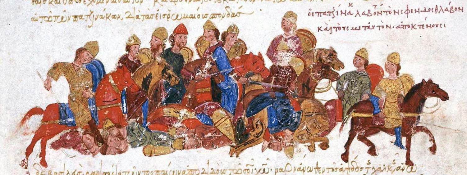 The Pechenegs. This image from the chronicle of the 11th c. Greek historian, John Skylitze depicts the Pecheneg’s slaughter the “skyths” of Sviatoslav I of Kiev. From the Skyllitzes Matritensis, fol. 173r. ©MadridSkylitzes, via Wikimedia Commons.