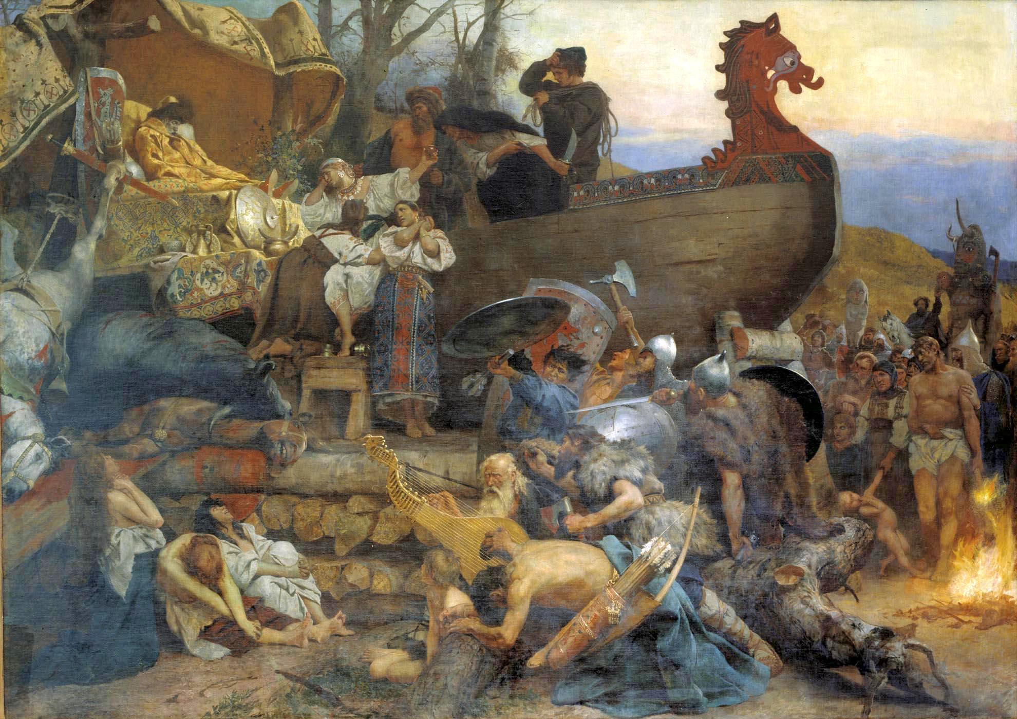 Ship burial of a Rus chieftain. This serene was described by the Arab traveler Ahmad ibn Fadlan who visited Kievan Rus in the 10th century, painted by Henryk Siemiradzki (1883). WikimediaCommons