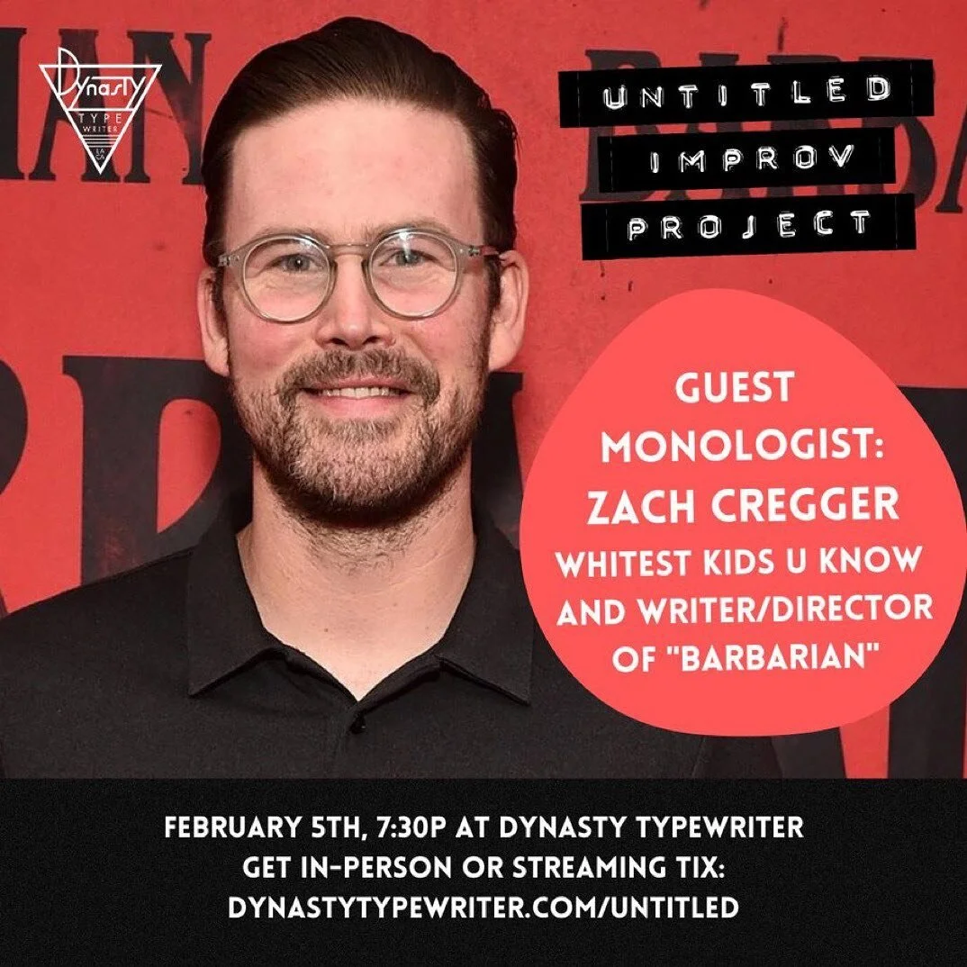 THIS SUNDAY: @untitledimprovla at @dynastytypewriter! 
WITH 
@zcregger (writer/director of BARBARIAN, Whitest Kids U Know, Wrecked)
AND
@laurenlapkus 
@bibbymoynihan 
@thebrianhuskey 
@rekha_s 
@ozzymo 
@beckdrys 
@iamrachelpegram 
Get your ticket